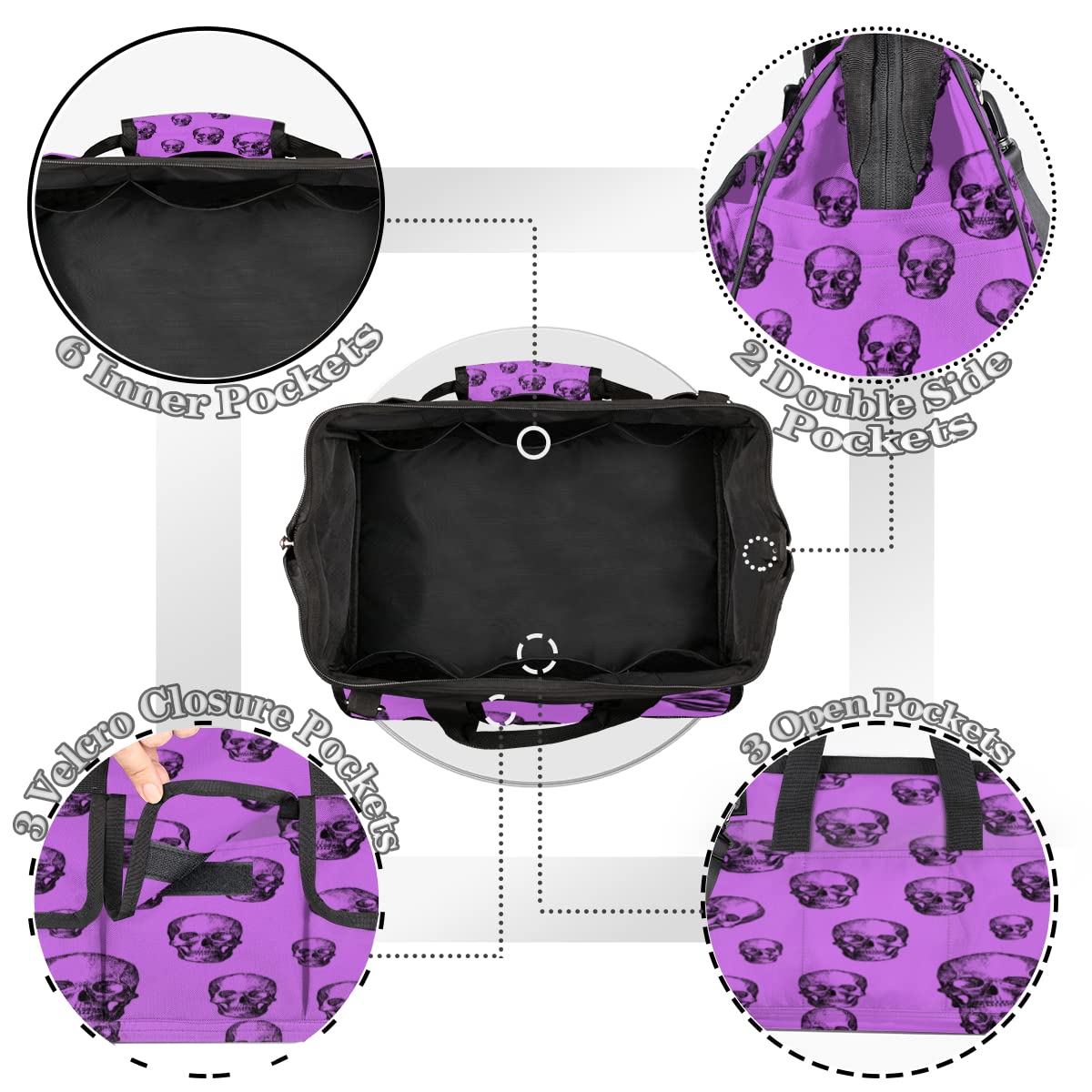 Skull Purple Tool Bag for Men Women Heavy Duty Multi-Pockets